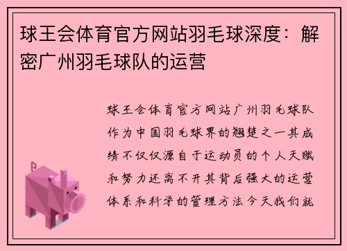 球王会体育官方网站羽毛球深度：解密广州羽毛球队的运营