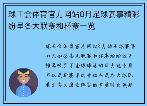 球王会体育官方网站8月足球赛事精彩纷呈各大联赛和杯赛一览