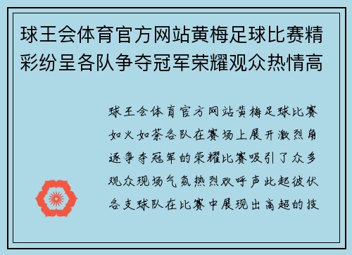 球王会体育官方网站黄梅足球比赛精彩纷呈各队争夺冠军荣耀观众热情高涨